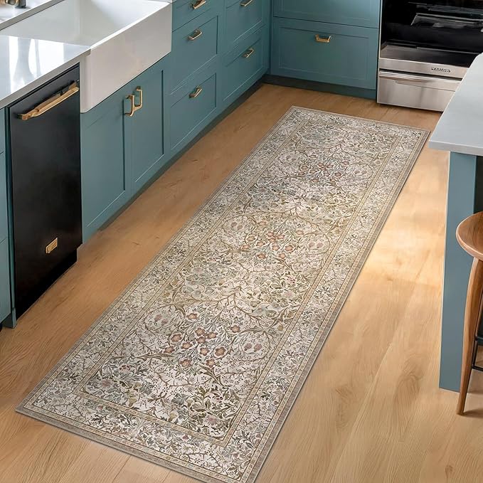 Hazo Haus Moss Green 2x5 Bathroom Rug Runners Non Slip Washable - Neutral Runner Rug for Kitchen Floor, Bedroom, Laundry Room, Hallway - Thin Vintage Oriental Taupe Bathroom Rugs Stain Resistant