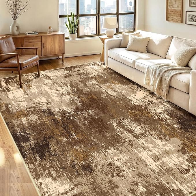 Washable Area Rugs 5'x7' Non-Slip Modern Abstract Soft for Living Room Entryway Bedroom Nursery, Print Pattern, Brown Tan Beige Coffee