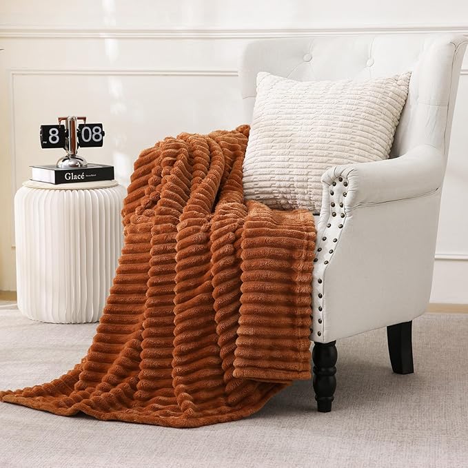 Burnt Orange Fleece Throw Blanket 108”×90” for Couch Sofa Bed,Super Soft Cozy Plush Microfiber Flannel Blanket with Stripes Design Lightweight for Adults,Woman,Girls