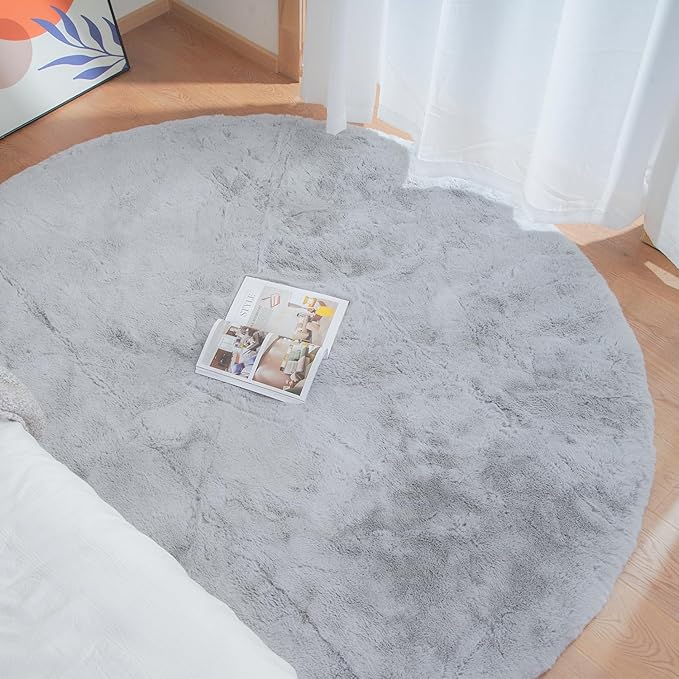 ORINOVA Washable Furry 5ft Round Area Rugs for Living Room Bedroom Light Grey Circle Faux Rabbit Shaggy Fur Rug Teen Room Décor