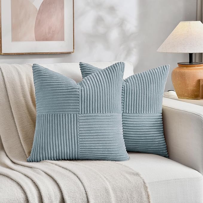 Fancy Homi Set of 2 Light Blue Samll Decorative Throw Pillow Covers 12x12 Inch with for Couch Bed Sofa Living Room, Soft Cross Patchwork Striped Corduroy Coastal Blue Square Cushion Case 30 cm