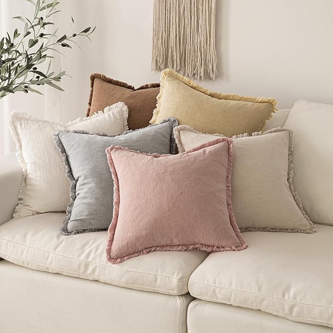 MIULEE Valentines Decorative Throw Pillow Covers Neutral Linen Fringe Throw Pillows Set of 2 Pink Boho Farmhouse Cushion Covers with Tassels for Couch Sofa Bed Living Room Spring Decor 18x18 Inch