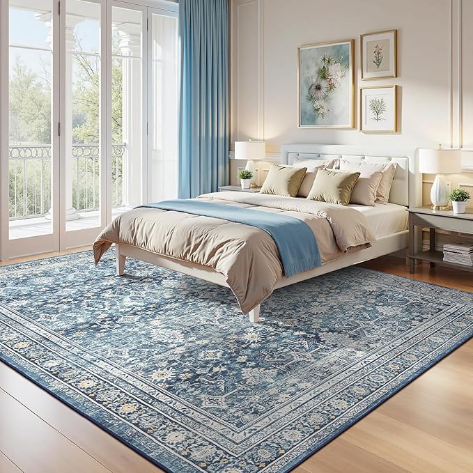 Lofus 9x12 Area Rug for Living Room,Blue Washable Area Rugs with Non-Slip Backing,Soft Boho Carpets for Bedroom Dining Room Home Office Indoor Nursery