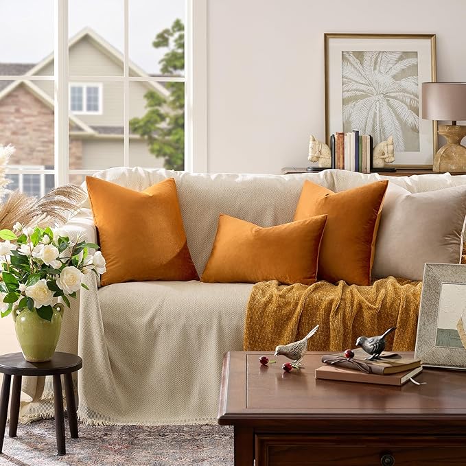 GIGIZAZA Decorative Couch Throw Pillow Covers,Set of 2 Burnt Orange Square Pillow Cushion Covers 24x24,Pillow Cases Velvet Pillow Covers