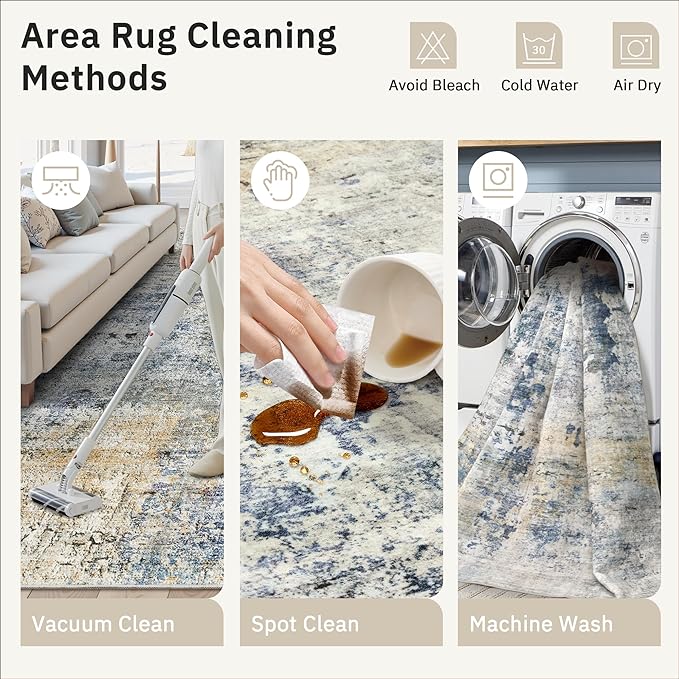 Abstract Rug 8x10 Large Living Room Rugs Neutral Modern Washable Area Rugs for Bedroom Dining Room Non-Slip Stain Resistant Foldable Thin Rug Blue Yellow