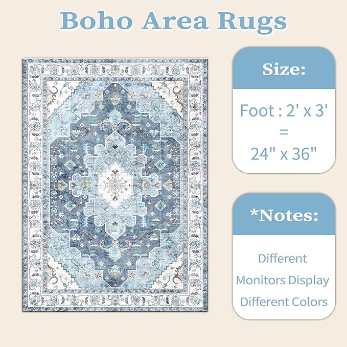 SERISSA Boho Rugs for Entryway, 2x3 Blue Entryway Rug Non-Slip Washable Small Area Rug, Ultra Soft Oriental Vintage Low-Pile Indoor Door Mat Floor Carpet for Entrance Bedroom Kitchen Bathroom