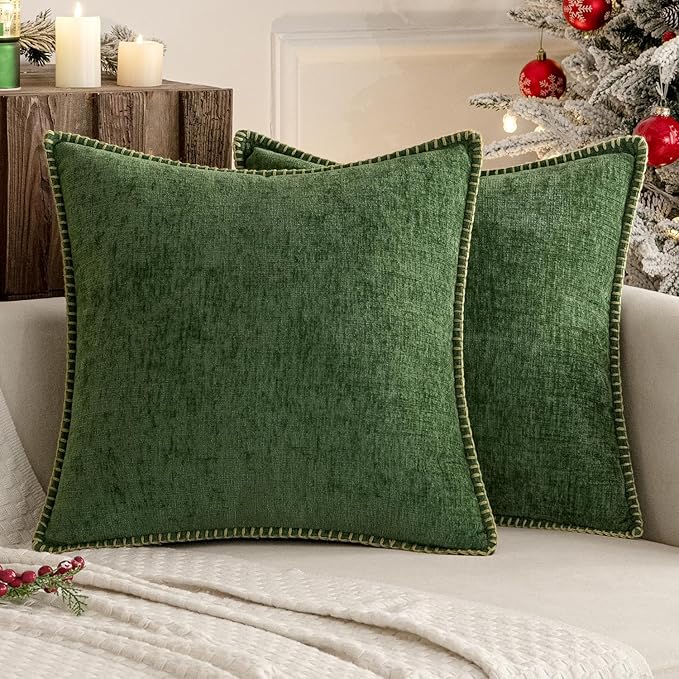 MIULEE Pack of 2 Christmas Pillow Covers 16x16 Inch Moss Green Farmhouse Decorative Throw Pillow Covers with Stitched Edge Soft Chenille Solid Dyed Couch Pillow Covers for Sofa Bed Living Room