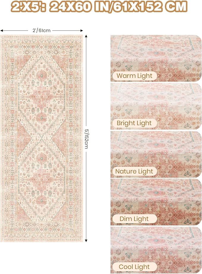 2x5 Rug Runner Washable for Entryway, Soft Bathroom Rugs with Non-Slip Backing,Vintage Low Pile Stair Runner, Small Kitchen Carpet for Hallways, Laundry Room(Pink,2'x5')