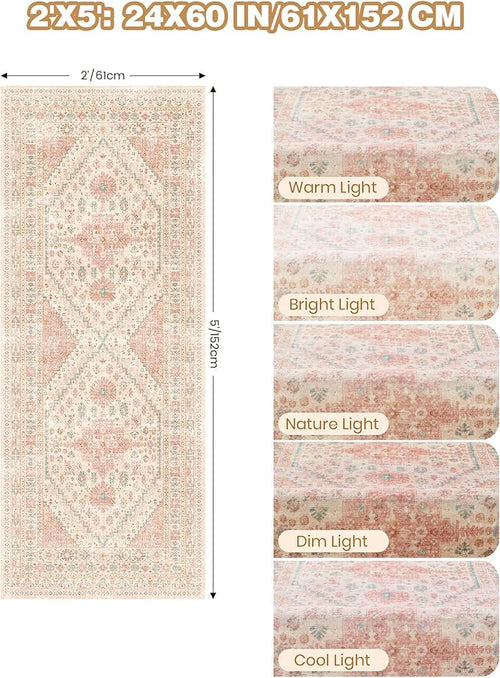 2x5 Rug Runner Washable for Entryway, Soft Bathroom Rugs with Non-Slip Backing,Vintage Low Pile Stair Runner, Small Kitchen Carpet for Hallways, Laundry Room(Pink,2'x5')