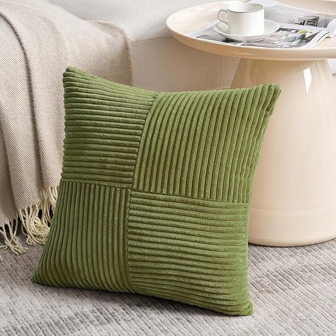 Fancy Homi 2 Packs Moss Green Big Decorative Throw Pillow Covers 24x24 Inch for Couch Bed Sofa, Rustic Farmhouse Boho Home Decor, Soft Corss Corduroy Patchwork Accent Square Cushion Case 60x60 cm