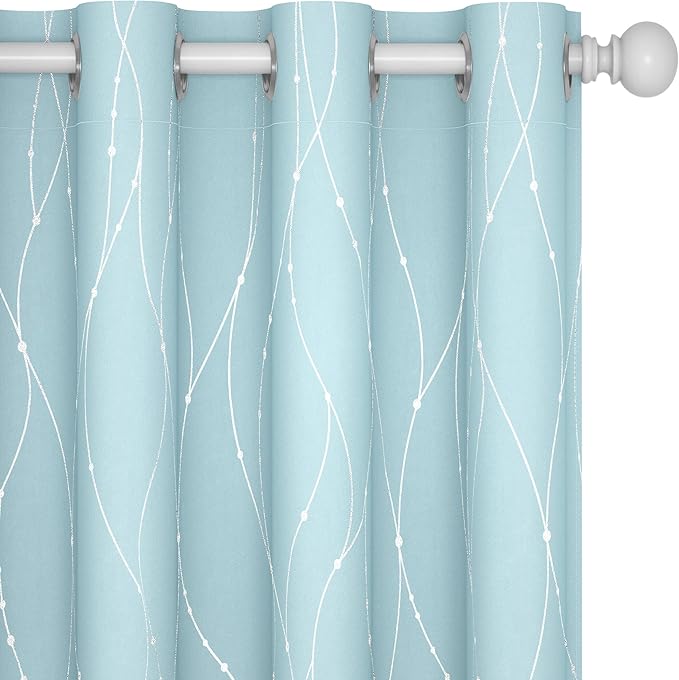 Deconovo Blackout Curtains, Thermal Insulated Soundproof Grommet Drapes, Wave Dot Foil Print, 52 x 63 Inch, Set of 2, Machine Washable Window Panel for Bedroom Living Room Nursery Kitchen, Light Blue