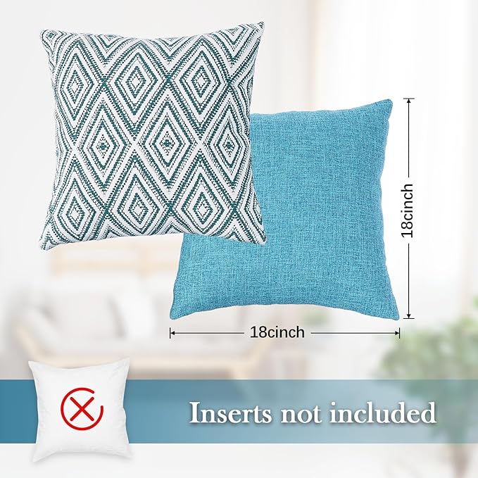 HPUK Decorative Throw Pillow Covers Set of 4 Geometric Design Linen Cushion Cover for Couch Sofa Living Room, 18"x18" inches, Aqua Blue