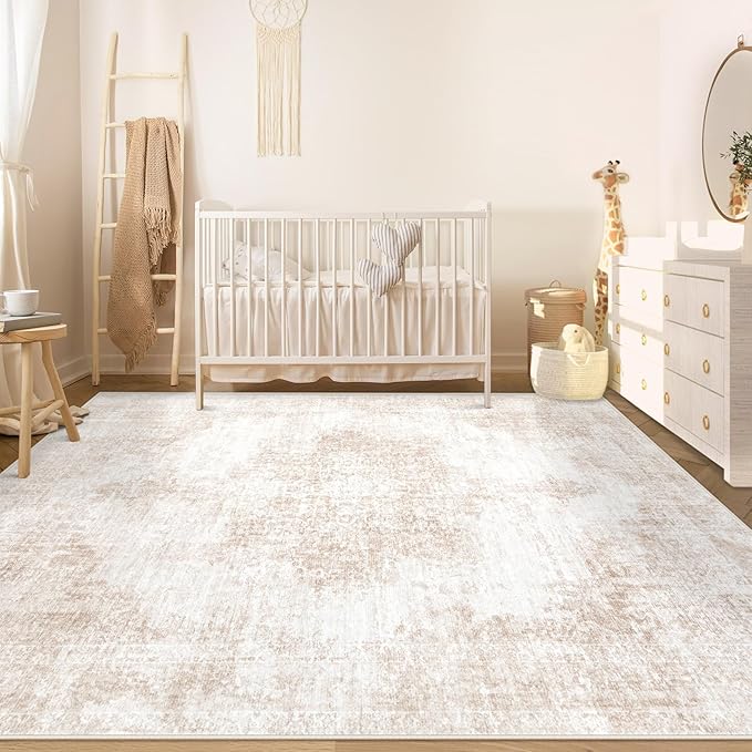 Area Rug 5x7 Vintage Rugs: Washable Living Room Rug Retro Medallion Distressed Large Rug Soft Low Pile Non-Slip Rugs Indoor Floor Carpet for Bedroom Kitchen Nursery Dining Table Office (Beige/Brown)