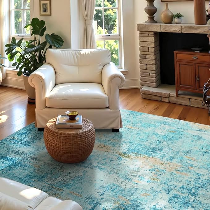 Entryway Rug 3x5 Teal Blue Bedroom Area Rug Washable Non Slip Abstract Boho Rugs for Indoor Entry, Kitchen, Classroom, Bathroom, Kids Girls Room, Office, College Dorm Small Carpet
