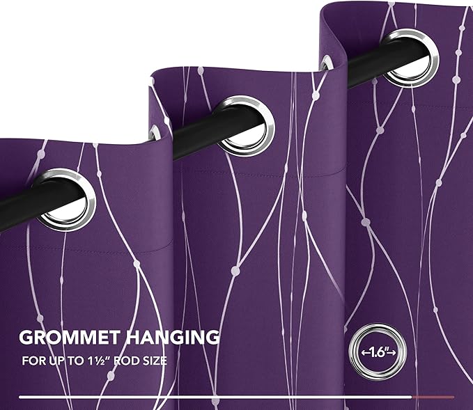 Deconovo Short Purple Curtains, Blackout Drapes with Wave Line Silver Print, 38 x 45 Inches Long, Thermal Insulated Panel, Grommet Top, Machine Washable, Set of 2 Panels for Kitchen Nursery Bedroom