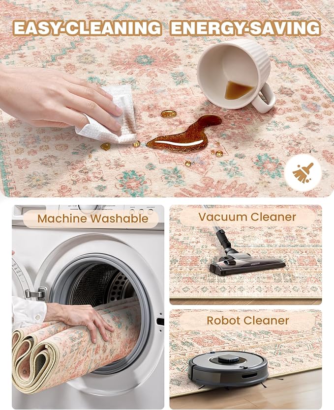 Runner Rug 2x6, Non Slip Washable Rugs for Laundry Room, Runners for Hallways, Low Pile Vintage Soft Rugs for Living Room, Kitchen Bathroom,Bedroom Rug(Pink,2'x6')