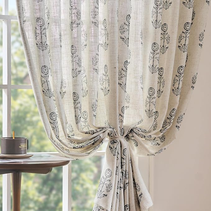 jinchan Linen Floral Curtains for Living Room 63 Inch Length Black Flower Cottage Core Farmhouse Curtains Rod Pocket Back Tab Boho Semi Sheer Window Drapes Bedroom Set 2 Panels Black on Beige