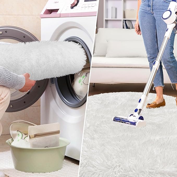 4x4 ft Tie Dye White Round Rug for Bedroom Room Fluffy Circle Rug Furry Carpet Shaggy Circular Fuzzy Washable Non-Slip Large Area Rug Soft Indoor for Living Room Cute Aesthetic Home Decor