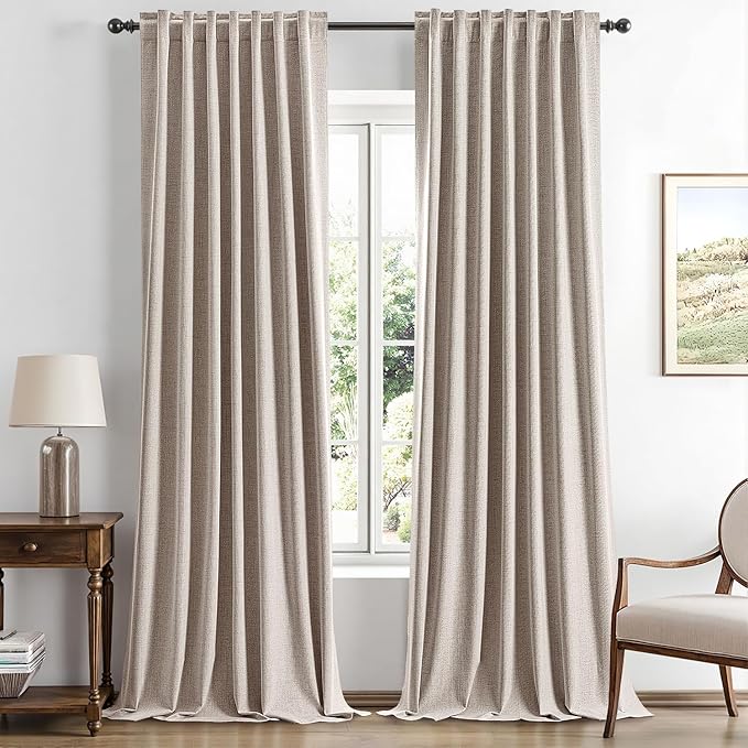 MIULEE 100% Blackout Linen Curtains for Bedroom, Khaki Solid Luxury Decor Thermal Insulation Room Darkening Drapes for Living Room Nursery Back Tab Rod Pocket 42 x 96 Inches, 2 Panels