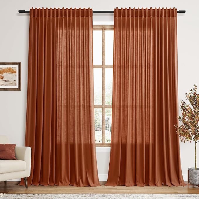 Nanspring Extra Wide Long Curtains for Living Room 108 Inches Long Back Tab Terracotta Linen Semi Sheer Rustic Farmhouse Boho Floor to Ceiling High Window Curtain for Bedroom Luxury 100x108, 2 Panels