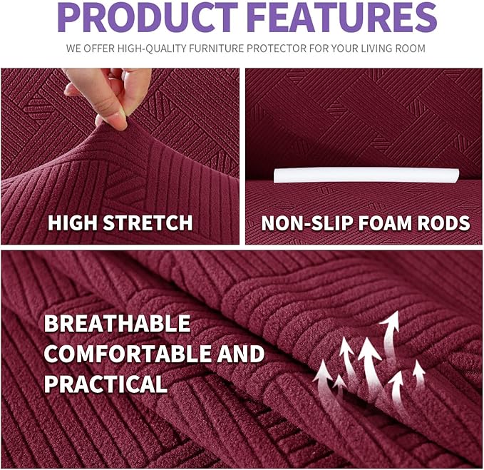 ZNSAYOTX Super Stretch Couch Cover (72"-92"), New Striped Sofa Covers Fitted Slipcovers with Elastic Bottom, Dog Cat Pets Proof Spandex Fabric Comfortable & Durable (Wine Red, Sofa)