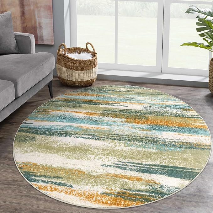 Lansny Modern Abstract Round Rug 5Ft, Green Mustard Multi Small Washable Non-Slip Circle Rug, Soft Circular Dining Room Rug Thin Print Faux Wool Carpet for Bedroom Living Room Office Playroom