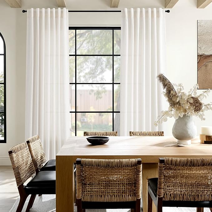 Ivory White Linen Curtains 90 inch for Living Room Back Tab Rod Pocket Semi Sheer Cotton Textured Gauze Curtain Modern Farmhouse Coastal Decor 90 inches for Dining Room Office
