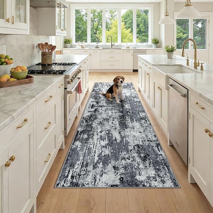 Washable Area Rugs 3x8 Non-Slip Modern Abstract Soft for Living Room Entryway Bedroom Nursery, Print Pattern, Black Navy Blue Gray