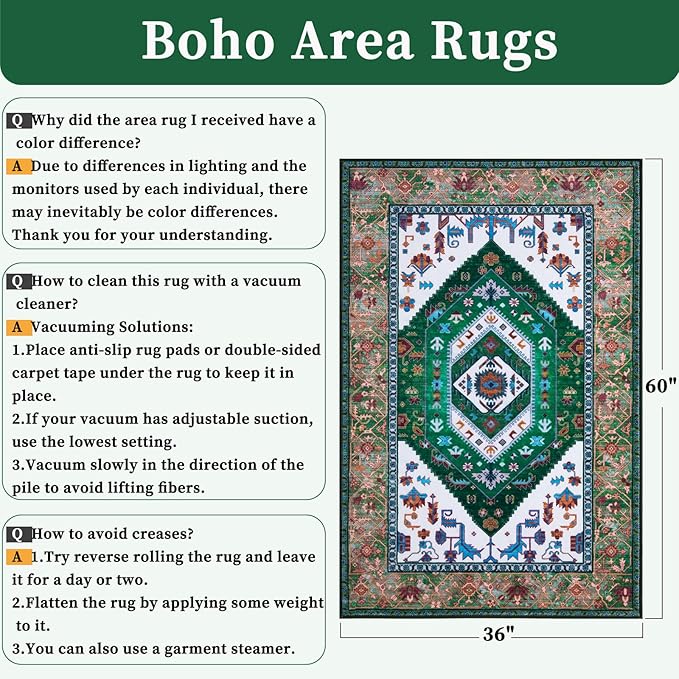 SERISSA Area Rug 3x5 Boho Rugs for Bedroom, Washable Non-Slip Living Room Rug, Ultra Soft Print Distressed Vintage Green White Rug Low-Pile Throw Carpet for Entry Kitchen Bedroom Nursery Dorm Decor