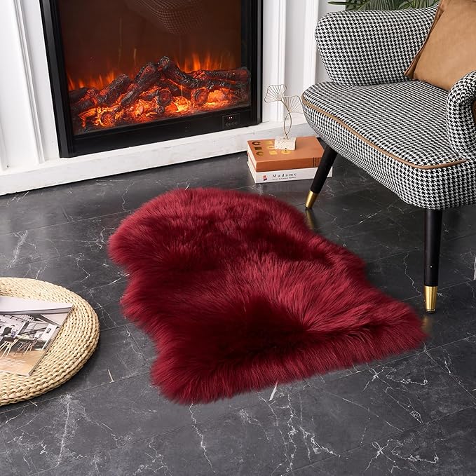 EasyJoy Ultra Soft Fluffy Shaggy Area Rug Faux Fur Rug Chair Cover Seat Pad Fuzzy Area Rug for Bedroom Floor Sofa Living Room (2 x 3 ft Sheepskin, Burgundy)