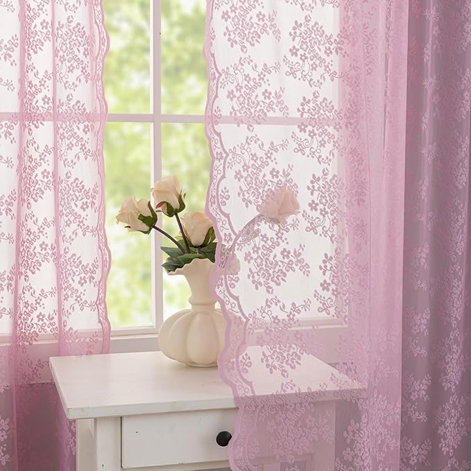 YJ YANJUN Vintage Lace Curtains 96 Inches Long-Victorian Floral Pattern Lilac Sheer Curtain Panels for Living Room Bedroom,Light Filtering, Cute Girls Drapes 2 Panels 52W x 96L Purple Blush