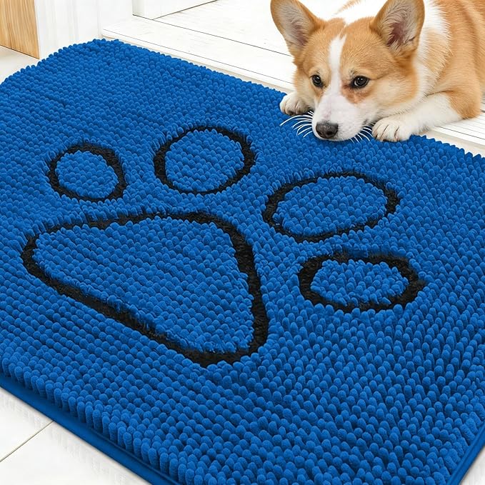 OLANLY Dog Door Mat for Muddy Paws 30x20, Paw Print Design, Absorbs Moisture and Dirt, Non-Slip Washable Doormat, Quick Dry Chenille Mud Mat for Dogs, Entry Indoor Entryway Carpet, Deep Navy Blue