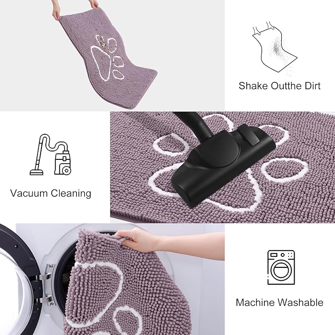 Smiry Dog Door Mat for Muddy Paws, Absorbent Dirt Trapper Non Slip Quick Dry Washable Chenille Mat for Mud Dogs, Entry Rug for Indoor and Outdoor (30x20 Inches, Deep Plum and White)