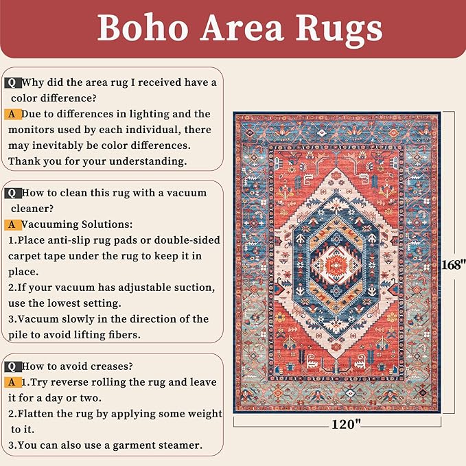 SERISSA 10x14 Area Rugs for Living Room, Large Washable Non-Slip Boho Rug, Ultra Soft Vintage Rust Oriental Tribal Print Distressed Carpet for Dining Room Bedroom Office Home Decor