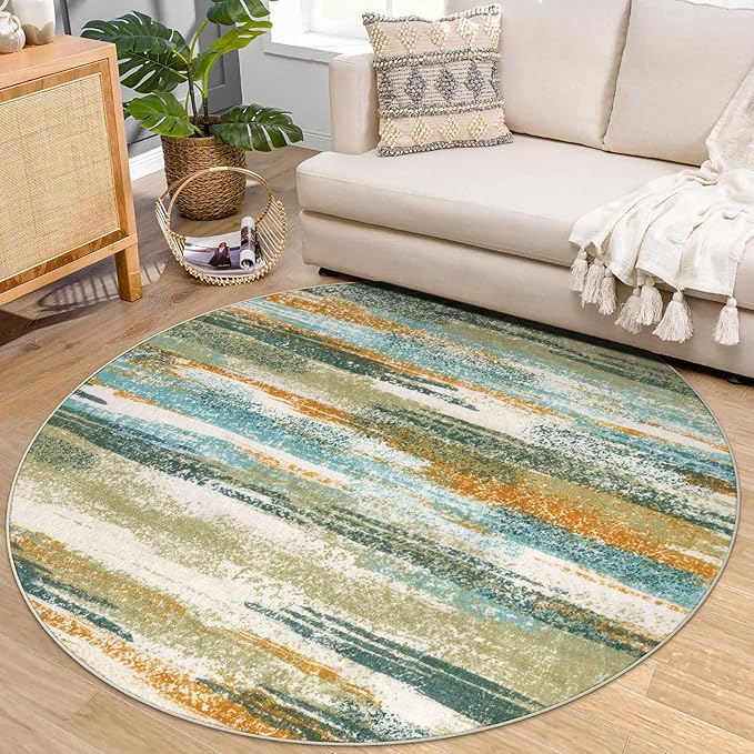 Lansny Modern Abstract Round Rug 6Ft, Green Mustard Multi Washable Non-Slip Circle Rug, Soft Circular Dining Room Rug Thin Print Faux Wool Carpet for Bedroom Living Room Office Playroom