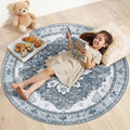 Area Rugs 4ft Washable Non-Slip, Floral Vintage Distress Print Pattern Medallion Carpet for Living Room Bedroom Dining Room, Light Gray Grey White