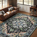 Lofus 9x12 Area Rugs for Living Room, Machine Washable Area Rug, Soft Large Rugs for Bedroom, Kitchen, Office and Indoor, Vintage Boho Carpet, Non-Slip Low Pile Carpets, Dark Green