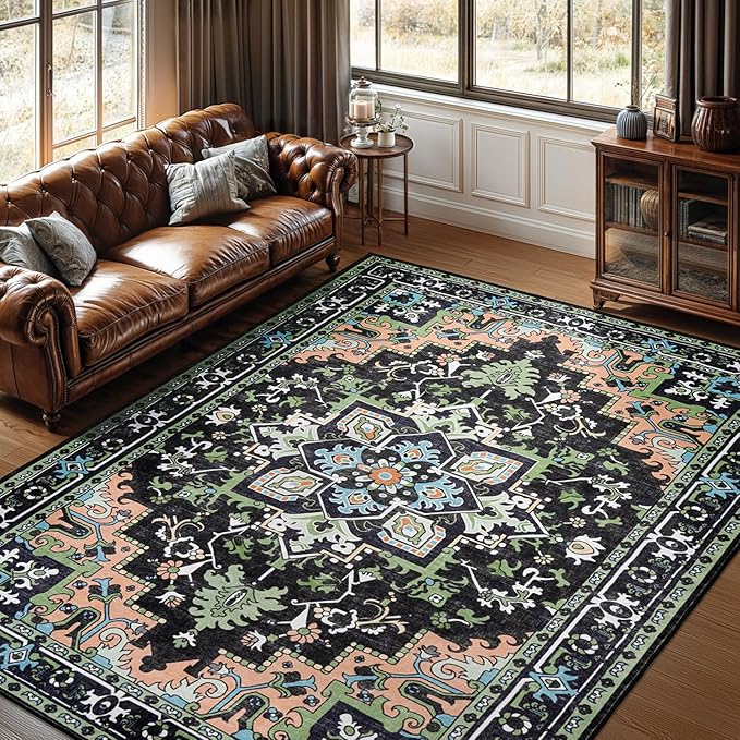 Lofus 9x12 Area Rugs for Living Room, Machine Washable Area Rug, Soft Large Rugs for Bedroom, Kitchen, Office and Indoor, Vintage Boho Carpet, Non-Slip Low Pile Carpets, Dark Green