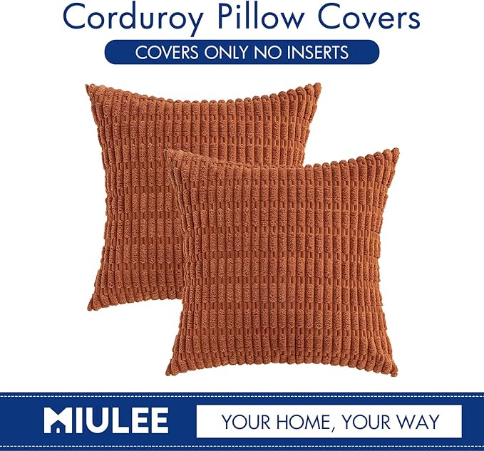 MIULEE Pack of 2 Corduroy Decorative Throw Pillow Covers 18x18 Inch Soft Boho Striped Pillow Covers Modern Farmhouse Home Decor for Sofa Living Room Couch Bed Rust