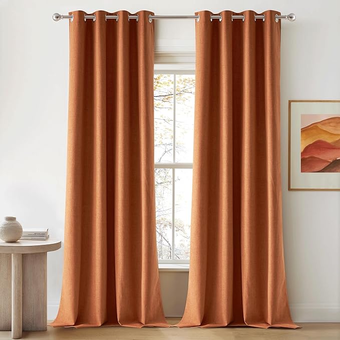 NICETOWN 100% Absolutely Blackout Linen Curtains with Thermal Insulated Liner, Terracotta, 52" Wide, 2 Panels, 90 inches Long Drapes, Grommet Retro Linen Curtains Vertical Drapes Privacy for Bedroom