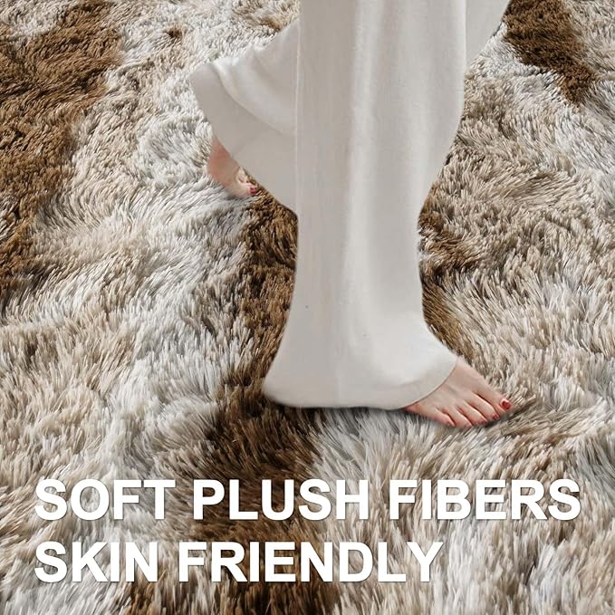4x6 Ft Shag Area Rug for Bedroom Living Room, Tie-Dyed Ultra Soft Fluffy Furry Rugs for Indoor Floor, Aesthetic Carpet for Kids Home Decor (Khaki)