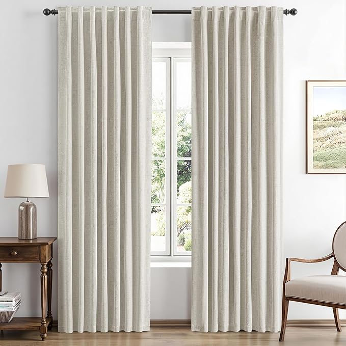 MIULEE 100% Blackout Linen Curtains for Bedroom, Light Cream Solid Luxury Decor Thermal Insulation Room Darkening Drapes for Living Room Nursery Back Tab Rod Pocket 42 x 84 Inches, 2 Panels