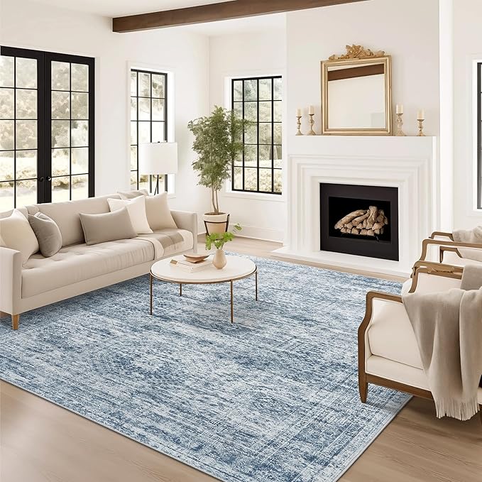 9x12 Area Rugs for Living Room, Non Slip Machine Washable Vintage Rugs, Low Pile Lightweight Large Rug for Bedroom, Dining Room, Home Office Blue