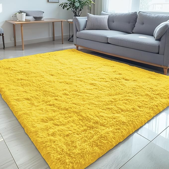 OLANLY 5x8 Machine Washable Large Area Rugs for Living Room, Bedroom, Soft Fluffy Shaggy Bedside Rug, Indoor Floor Carpet for Kids Girls and Boys, Dorms, Nursery, Home Decor Aesthetic, Yellow