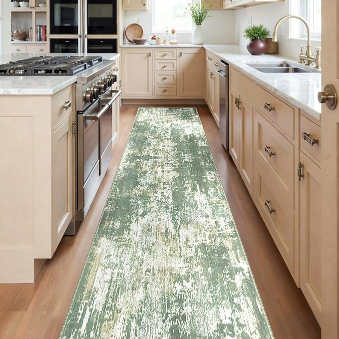 Washable Area Rugs 2'x10' Non-Slip Modern Abstract Soft for Living Room Entryway Bedroom Nursery, Print Pattern, Light Green/Yellow