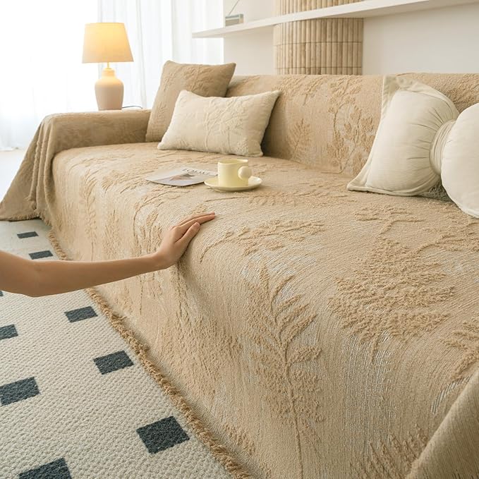 HANDONTIME Washable Couch Covers for Sofa Boho Couch Covers for 3 Cushion Sofa Pet Friendly Camel Chenille Jacquard Couch Protector for Dogs Plant Branch Sectional Cover Sofa Slipcovers, 71" X 118"