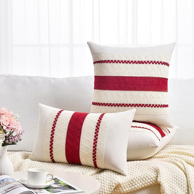 Fancy Homi Set of 1 Boho Red Lumbar Decorative Throw Pillow Cover 12x20 Inch for Couch Bed Sofa Chair, Modern Organic Farmhouse Home Decor, Soft Cotton Cute Accent Rectangle Cushion Case