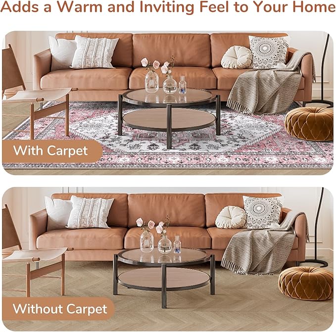 OPPODREAM Soft 10x14 Area Rugs, Washable Rugs 10x14 with Non Slip Backing, Low-Pile Faux Cashmere 10 x 14 Carpet, Pink & Cream