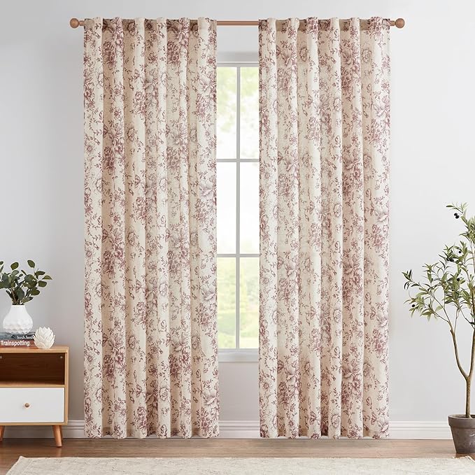 jinchan Linen Blend Curtain Floral Curtains for Living Room 90 Inch Length Farmhouse Brick Red Printed Curtain Rod Pocket Back Tab Peony Flower Patterned Drapes Curtains Set 2 Panels