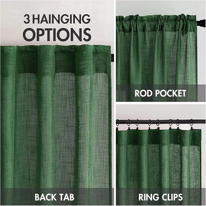 MIULEE Emerald Green Linen Curtains 72 Inch Length for Bedroom Living Room, Soft Thick Linen Textured Window Drapes Semi Sheer Light Filtering Back Tab Rod Pocket Burlap Look Christmas Decor, 2 Panels